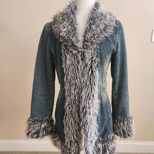 Giacca Vintage Penny Lane Inspired Denim and Faux Fur Coat Medium, Acid Wash